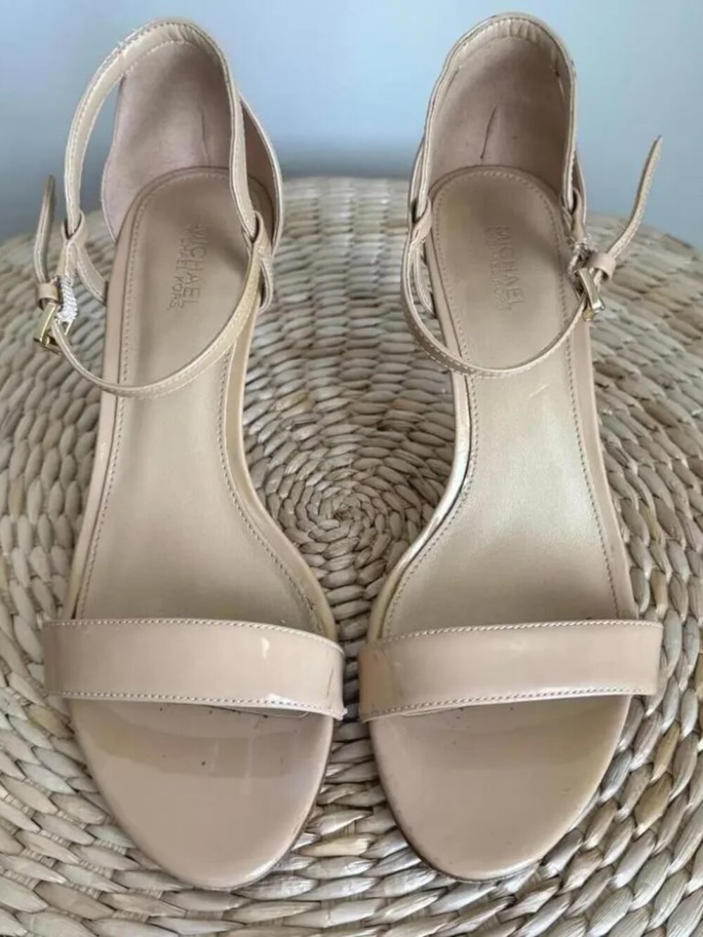 MICHAEL MICHAEL KORS Simone Nude Patent Leather Ankle Strap Stiletto Sandals